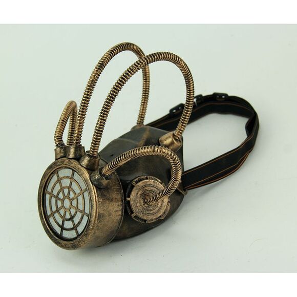 Metallic Bronze Steampunk Gas Mask with Corrugated Tubes - Picture 2 of 3